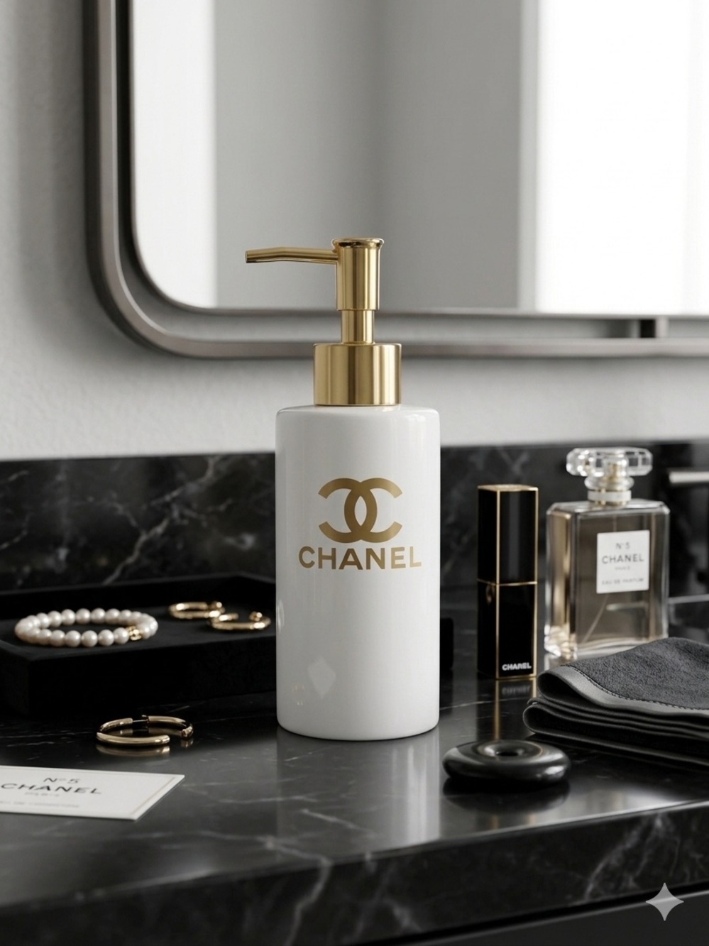 White Ceramic Glass Liquid Dispenser with Gold Pump and Gold Logo